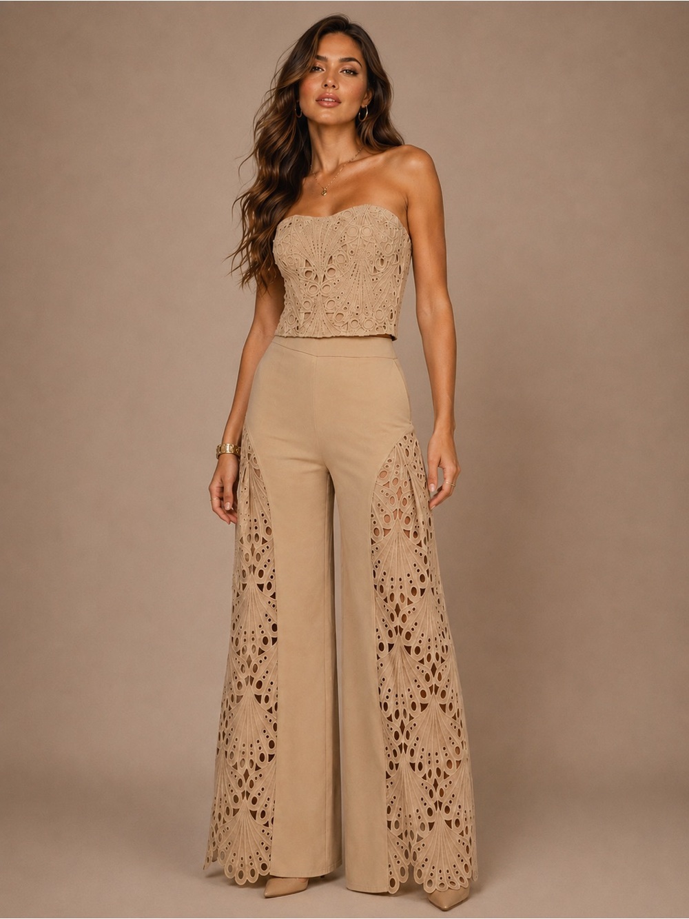 NWT Commense Strapless Eyelet Top & Wide Leg Pants Set - Khaki